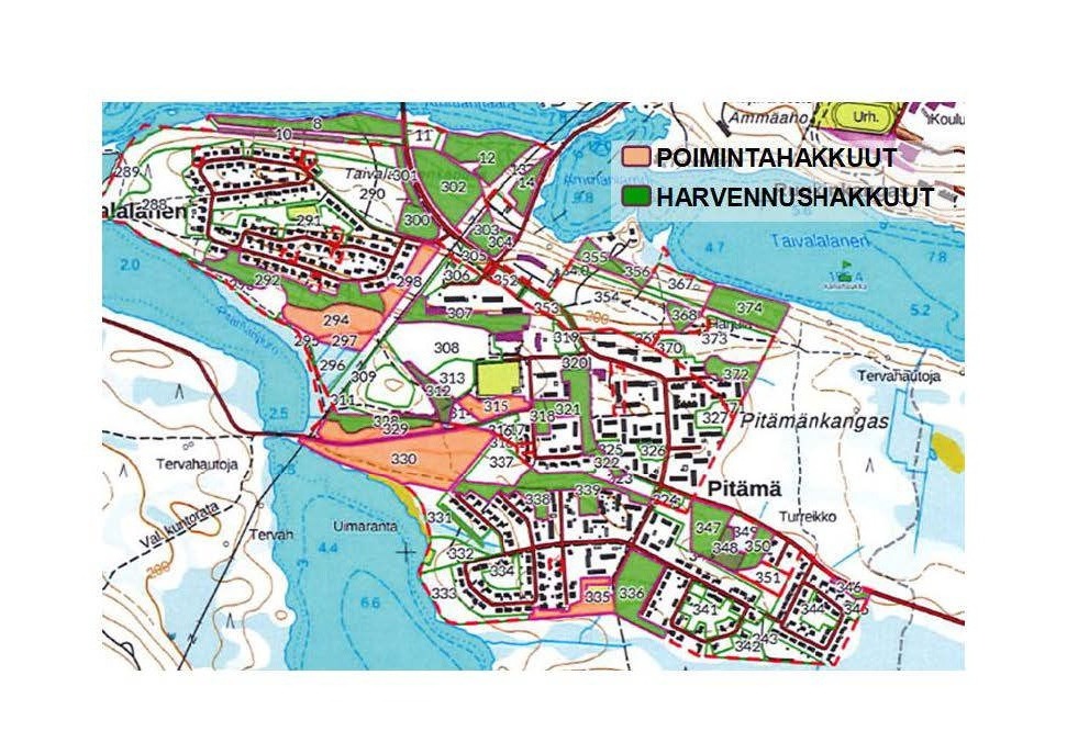 Kartta, johon on merkitty eri väreillä poiminta- ja harvennushakkuut