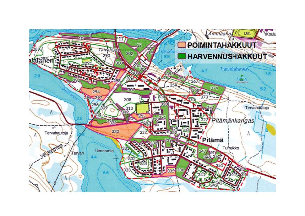 Kartta, johon on merkitty eri värein poiminta- ja harvennushakkuut.