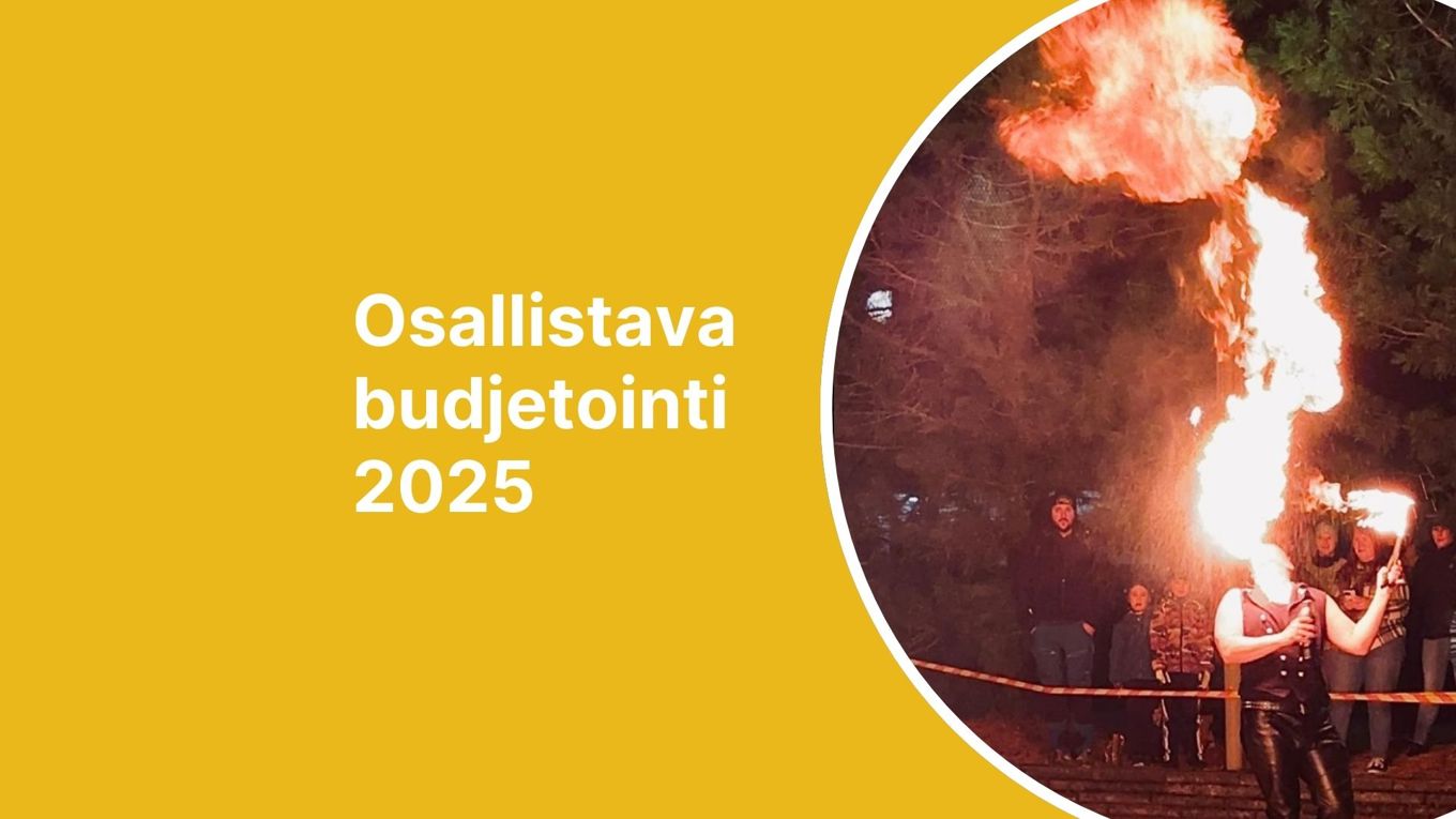 Kuvituksena oikealla tulta puhaltava esiintyjä, vasemmalla keltaisella pohjalla valkoinen teksti: Osallistava budjetointi 2025