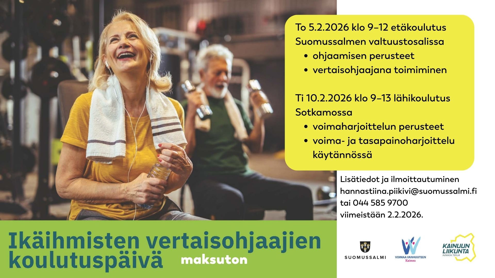 Kuvituskuvassa kaksi hymyilevää ikäihmistä kuntosalilla. Tekstit samat mitä julkaisun tekstissä.