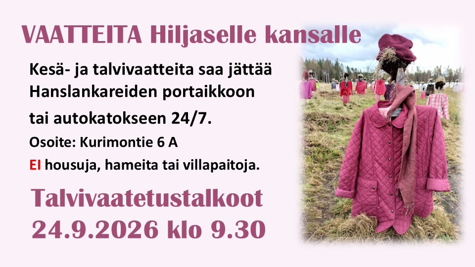 Kuvituskuvassa oikealla yksi Hiljaisen kansan hahmoista. Vasemmalla tekstiä, osin samaa mitä teksiosassa julkaisua. Talkoot klo 9.30 alkaen.
