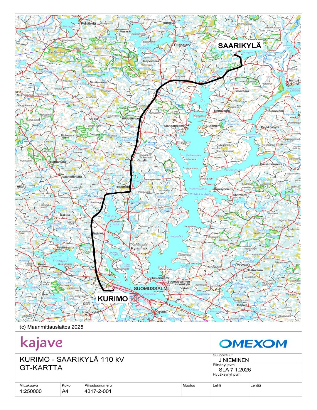 Kartta, johon on merkitty suunniteltu voimajohdon linjaus.