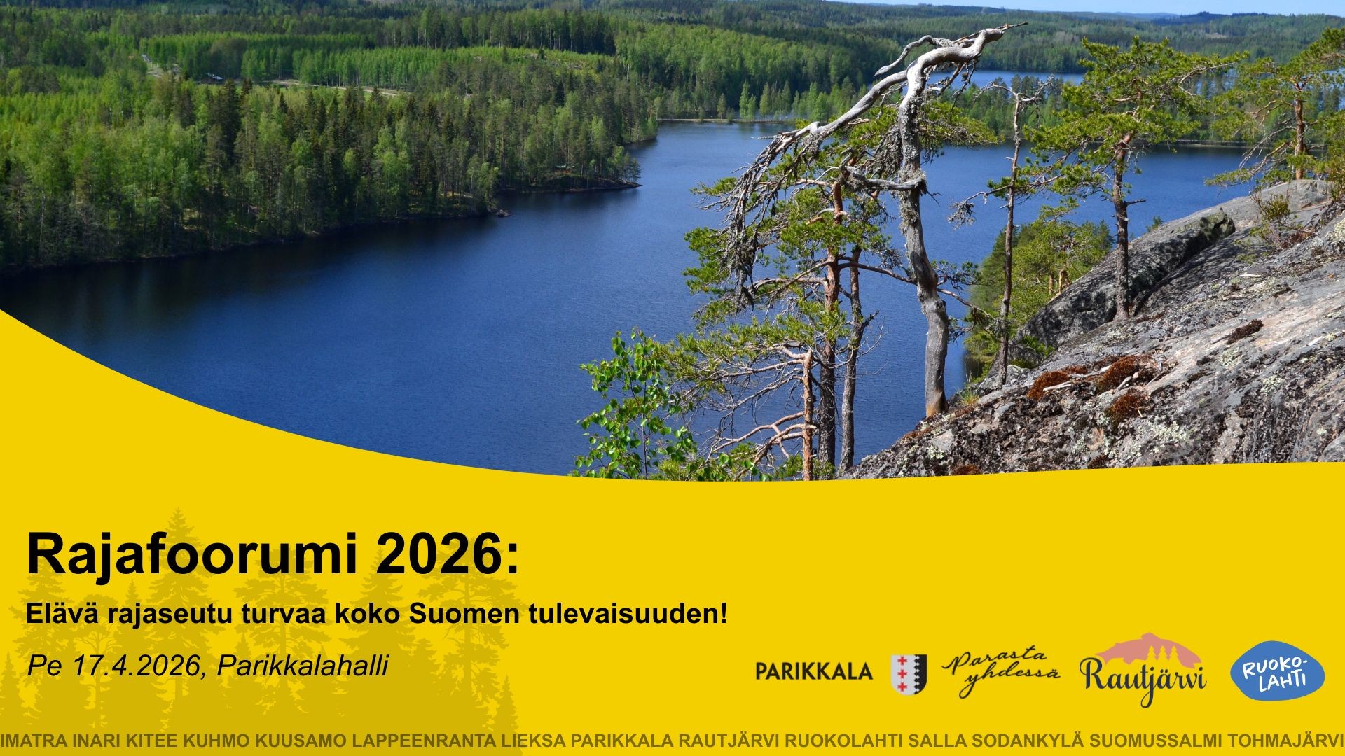 Kuvituskuvana otsikkokuva, kuvassa järvimaisemaa, alla keltaisella pohjalla tapahtuman ydintiedot.