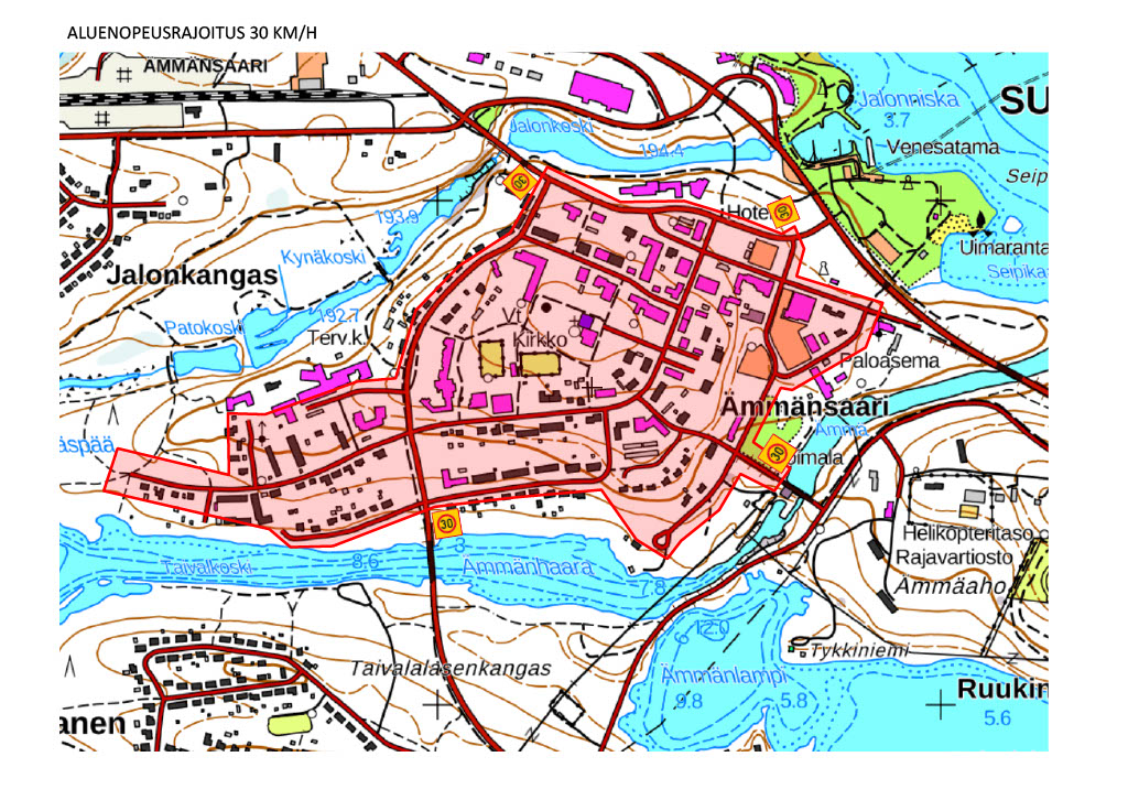 Kartta Ämmänsaaren keskusta-alueesta, uuden nopeusrajoituksen alue merkitty vaaleanpunaisella. 