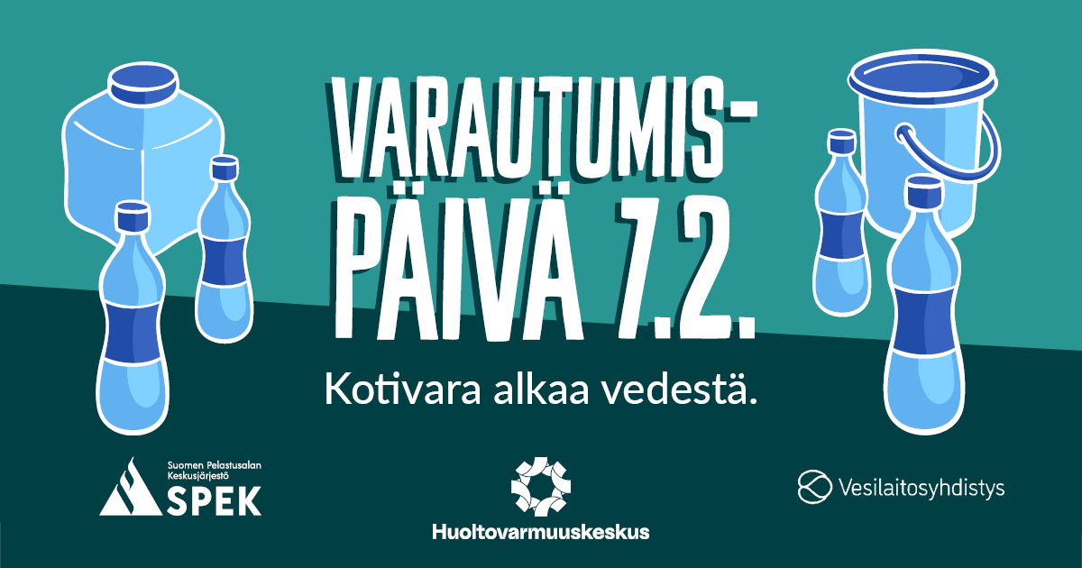 Varautumispäivän 7.2. juliste, piirroksina vesipulloja ja alla Spekin, vesilaitosyhdistyksen ja huoltovarmuuskeskuksen logot.