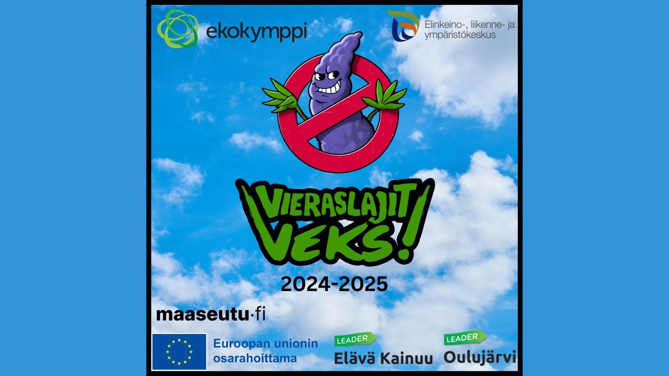 Puolipilvinen taivas taustalla, keskellä hankkeen logo, ylhäällä Ekokympin ja Ely-keskuksen logot, alareunassa EU-rahaston ja Leadereiden logot.