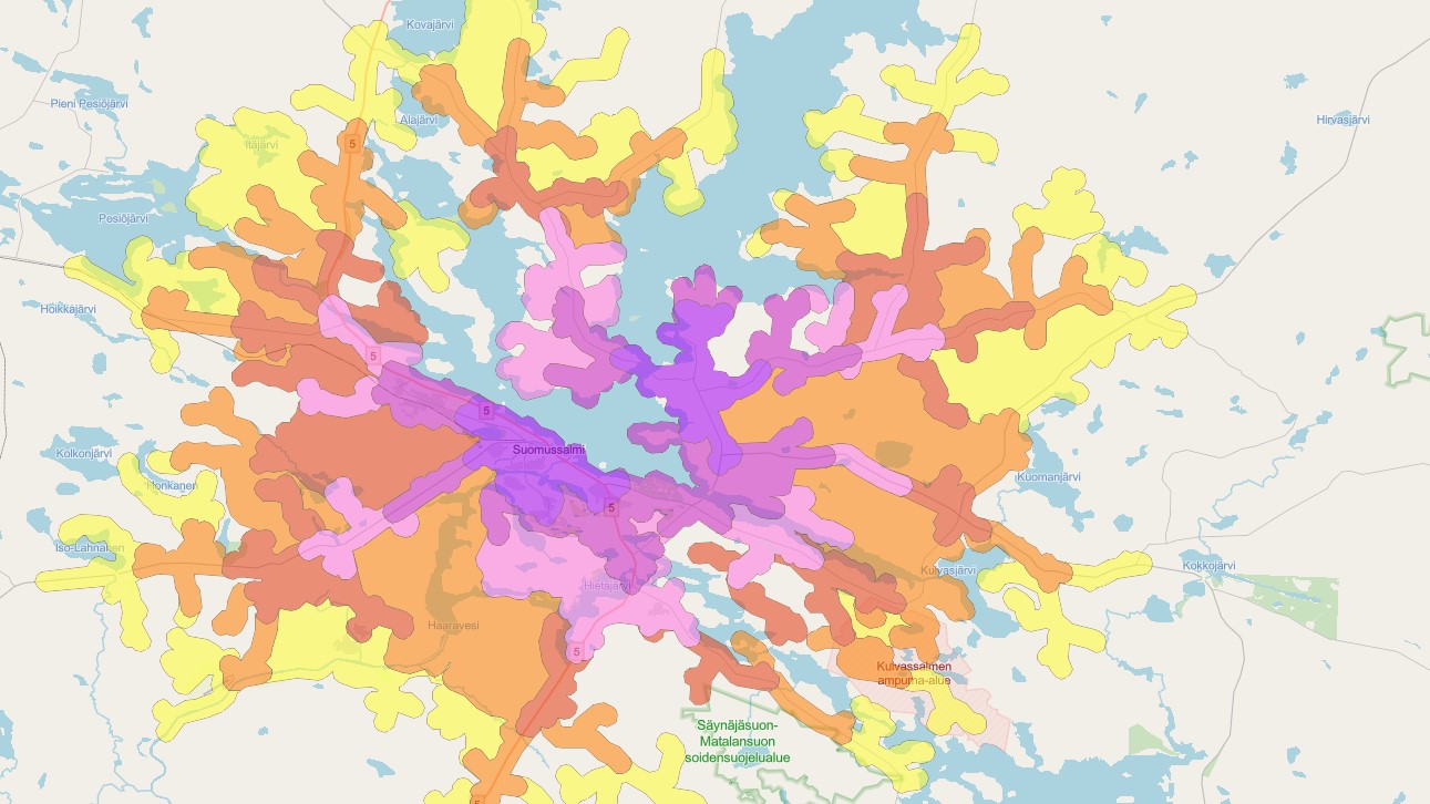 Kuvituskuva: kuvakaappaus suomussalmen keskustan saavutettavuudesta pyöräillen, värit kuvaavat matka-aikaa.