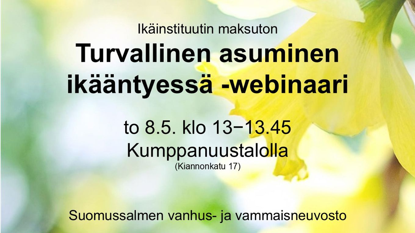 webinaarin tiedot, jotka kerrottu uutisessa. Taustana lähes abstrakti kukka, vaalean vihreää, keltaista ja valkoista.