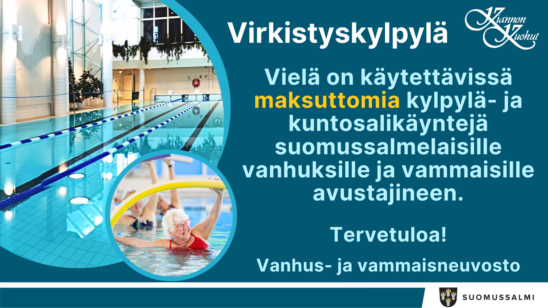 Kuvituskuva, vasemmalla kaksi pyöreää kuvaa, toinen altaasta ja toinen vesijumppaajasta. Tekstiosassa samaa mitä otsikossa ja tekstissä.