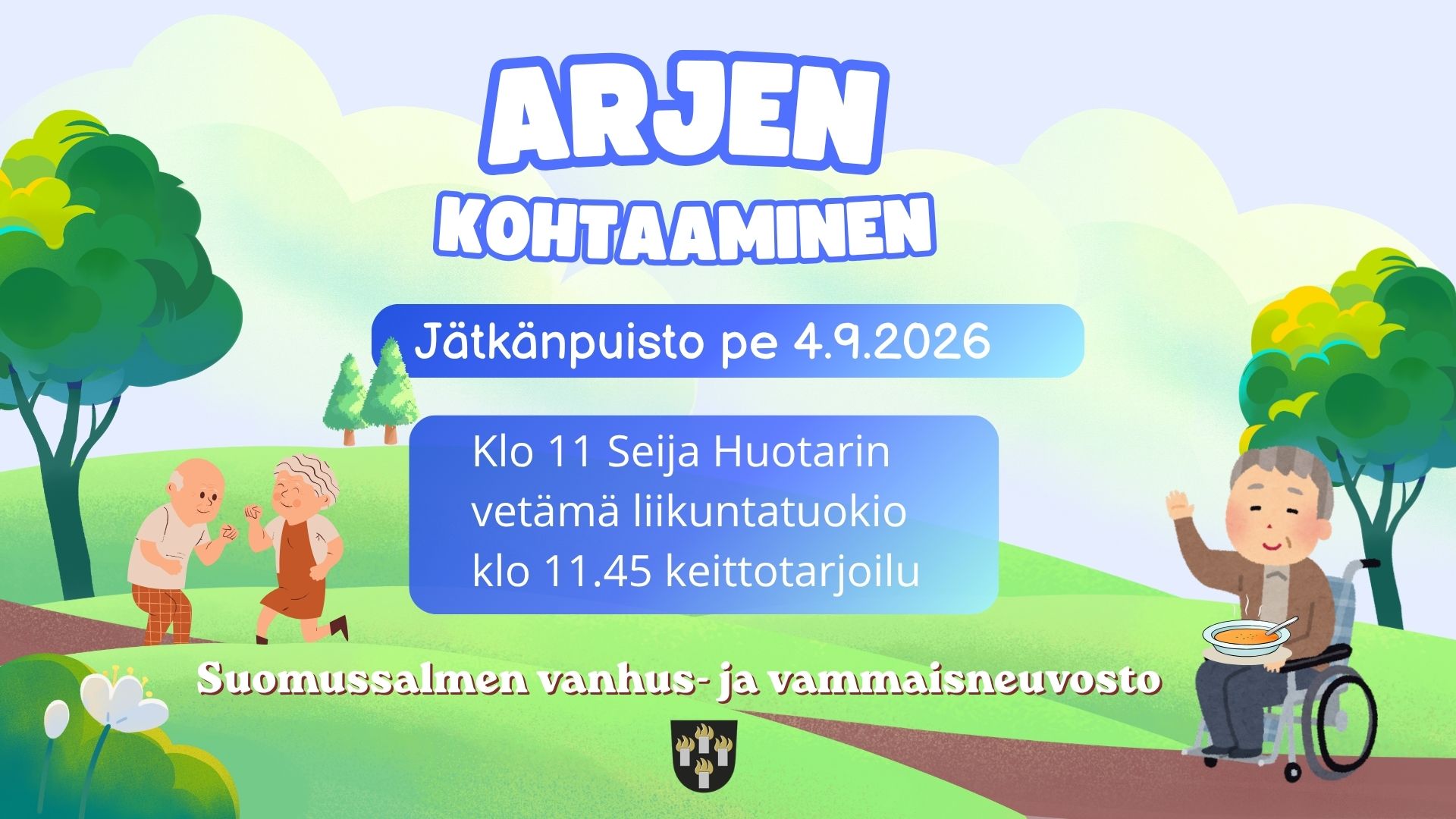 Kuvituskuvassa taustalla piirroskuva puistosta. Tekstit samaa mitä julkaisun teksteissä.