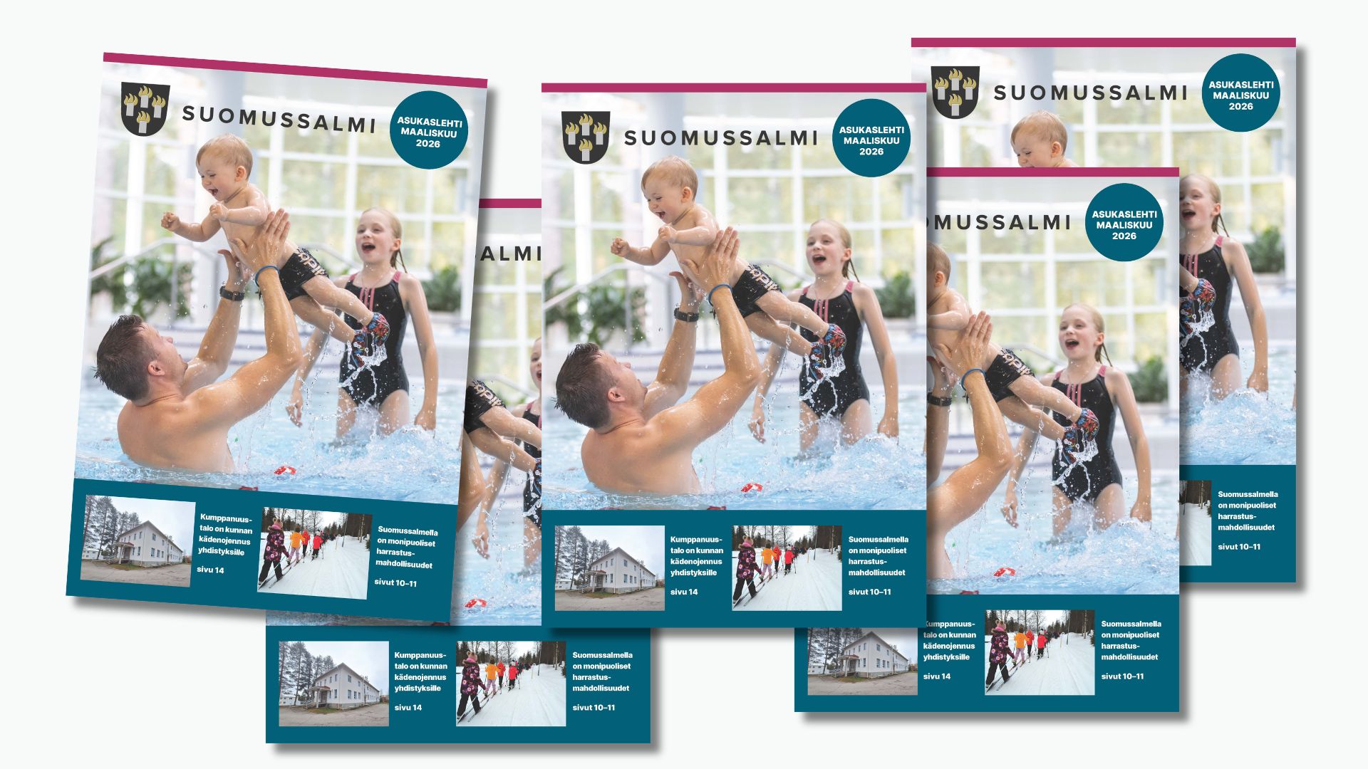 Kuvituksena 5 kansikuvaa rivissä, limittäin ja hieman eri tasoilla.